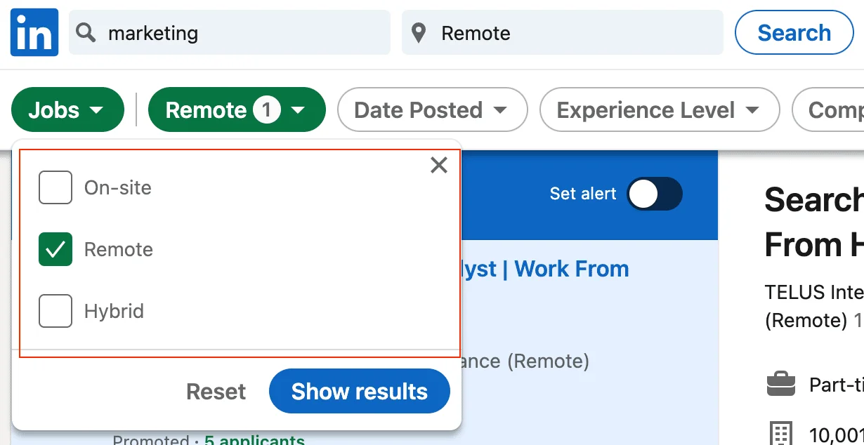 LinkedIn remote jobs filter search