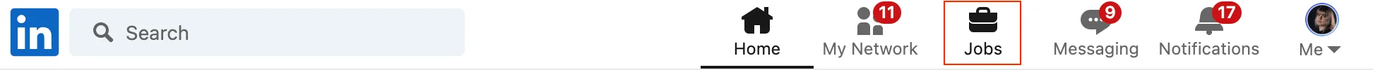LinkedIn jobs section navigation bar