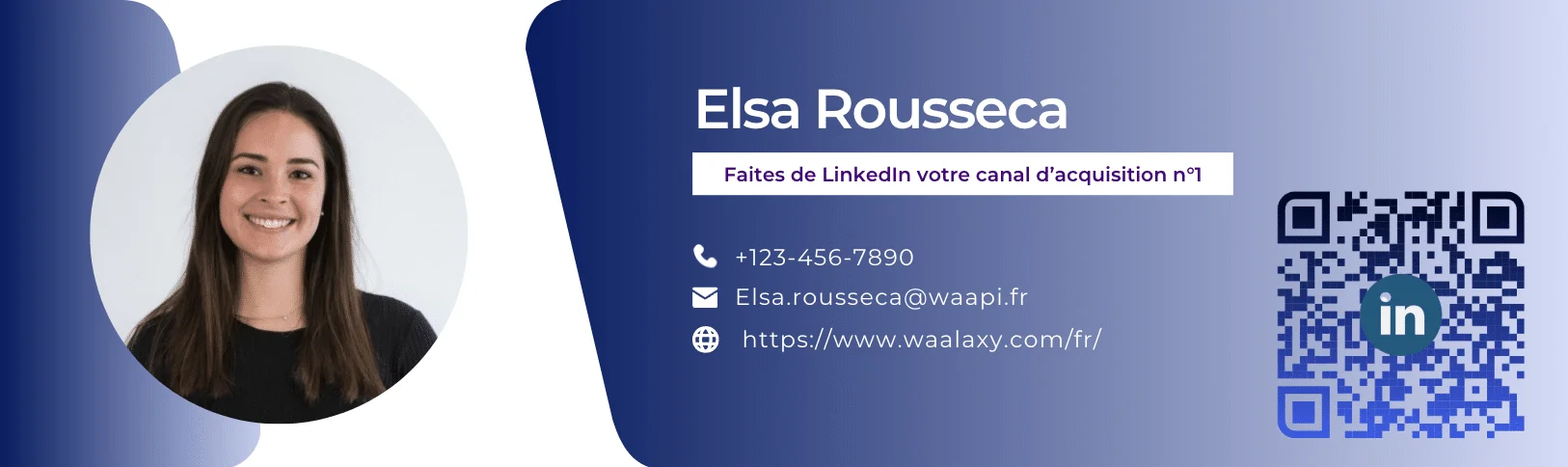 Carte de visite digitale avec photo d'Elsa Rousseau, numéro de téléphone, adresse email, lien LinkedIn, QR code.