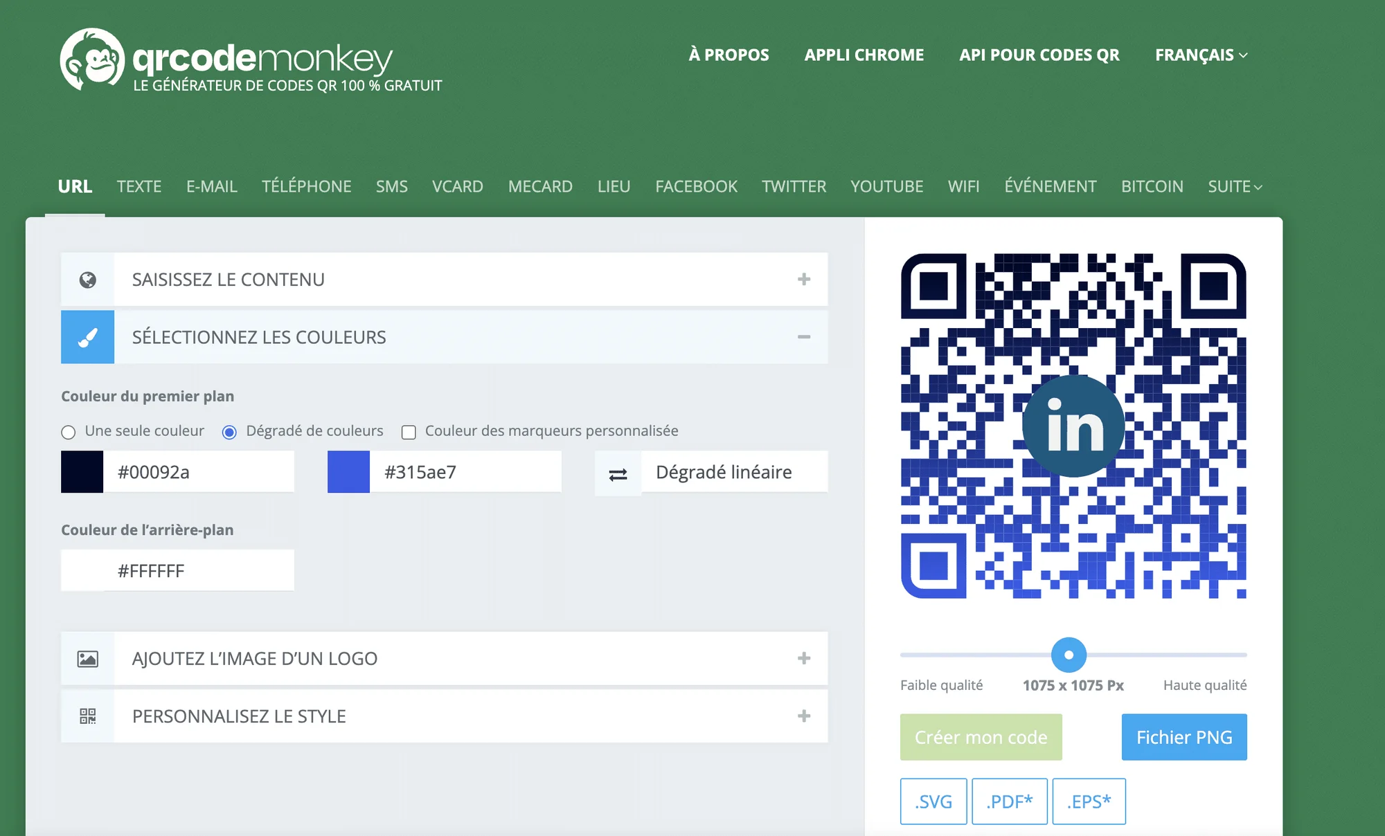 Page web de génération de QR code avec formulaire personnalisable et exemple de code QR pour LinkedIn.