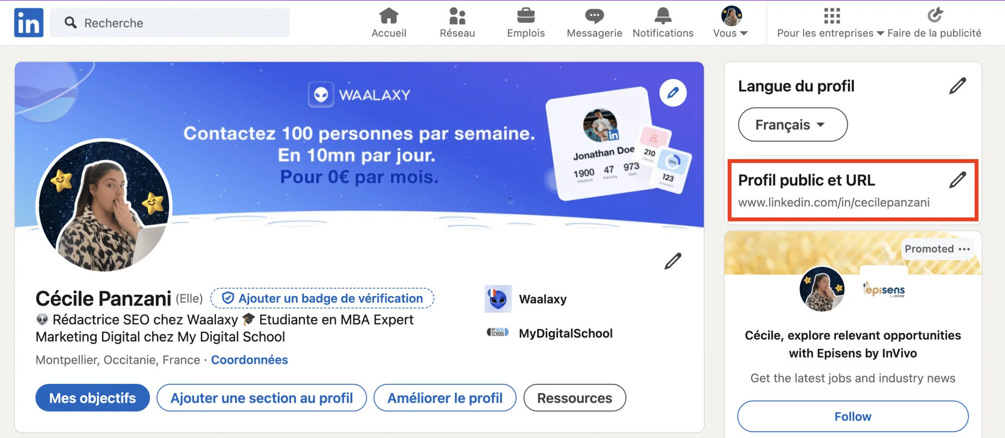 Page LinkedIn, profil public, personnelle, Cécile Panzani, rédactrice SEO, français, options d'édition disponibles.