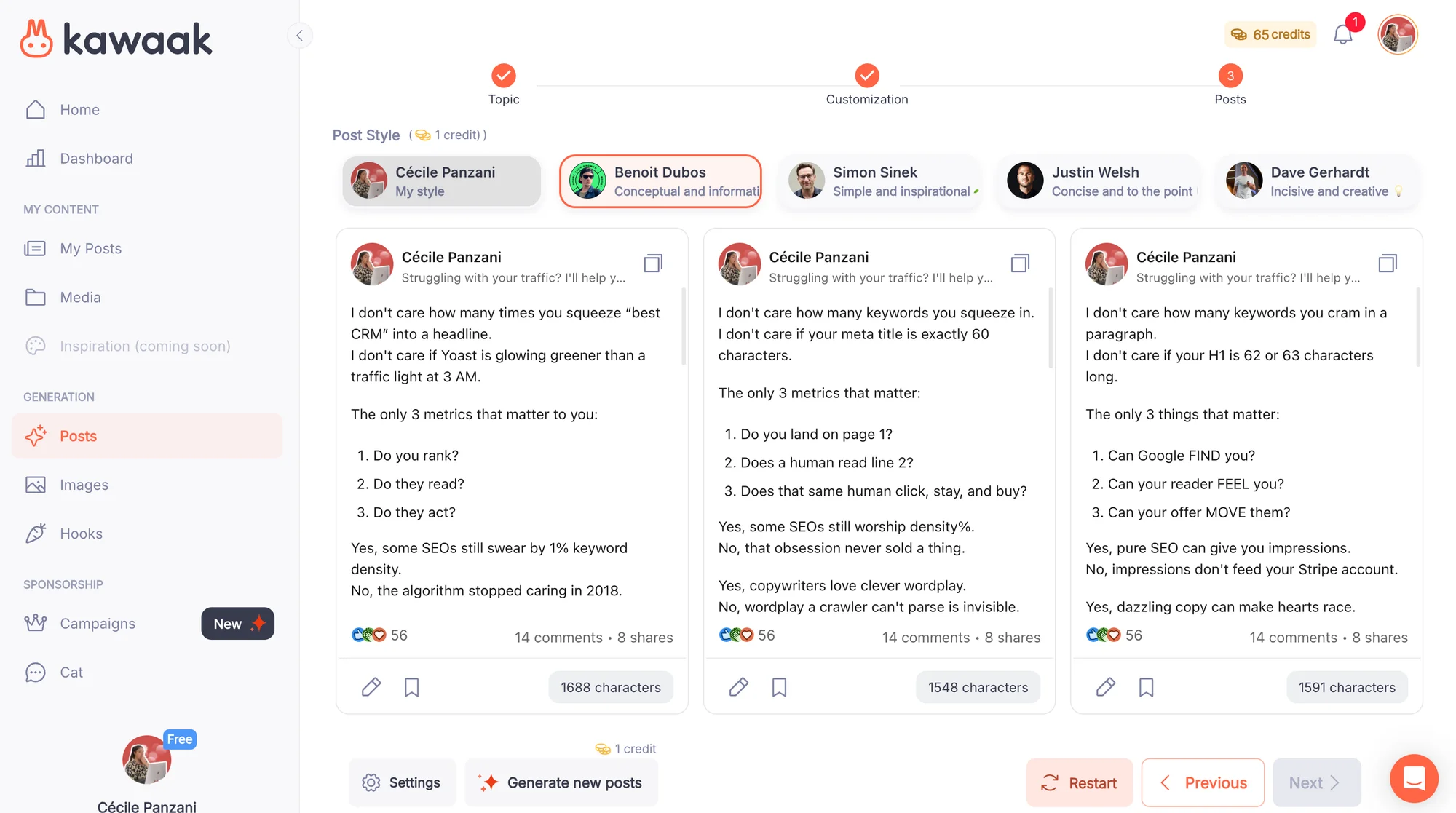 Choose your LinkedIn post with Kawaak