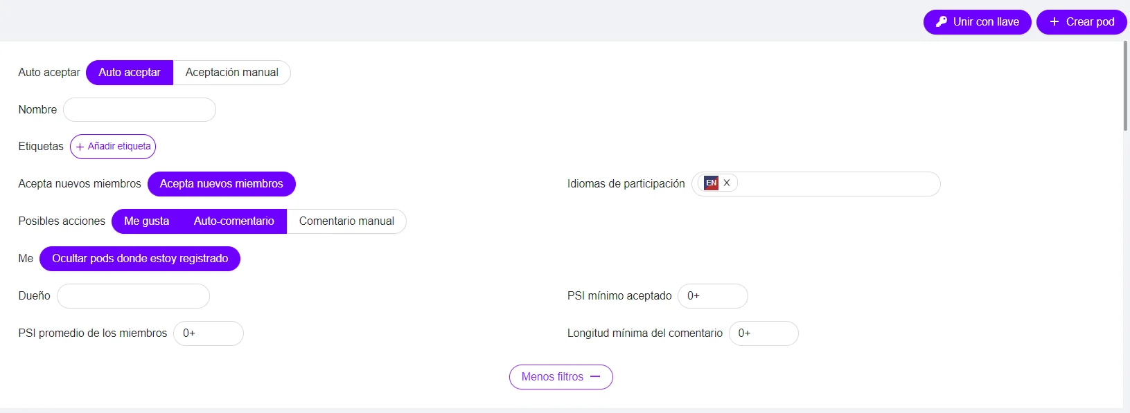 Interfaz configuración pod Waalaxy