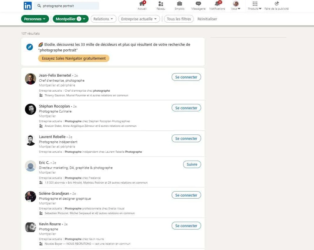 Résultats recherche photographe portrait LinkedIn