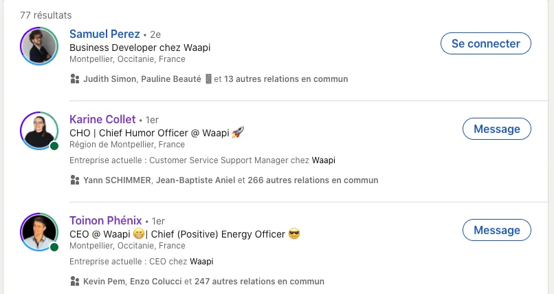 Résultats recherche profils WaAPI LinkedIn
