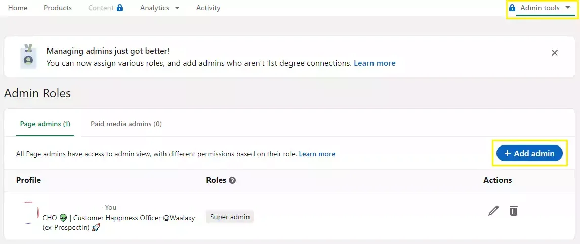 manage admins linkedin page