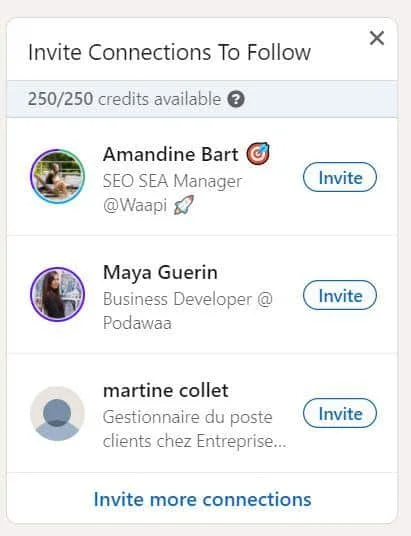 Interface invitation connexions Waalaxy