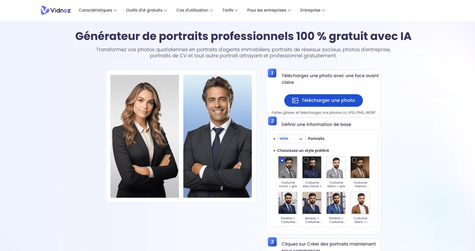 Générateur de photo LinkedIn IA gratuit : Vidnoz.