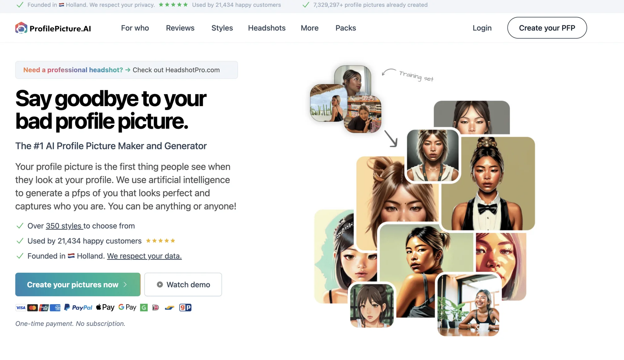 Page web de ProfilePicture.AI présentant des exemples d'images profil et offre de création de PFP.