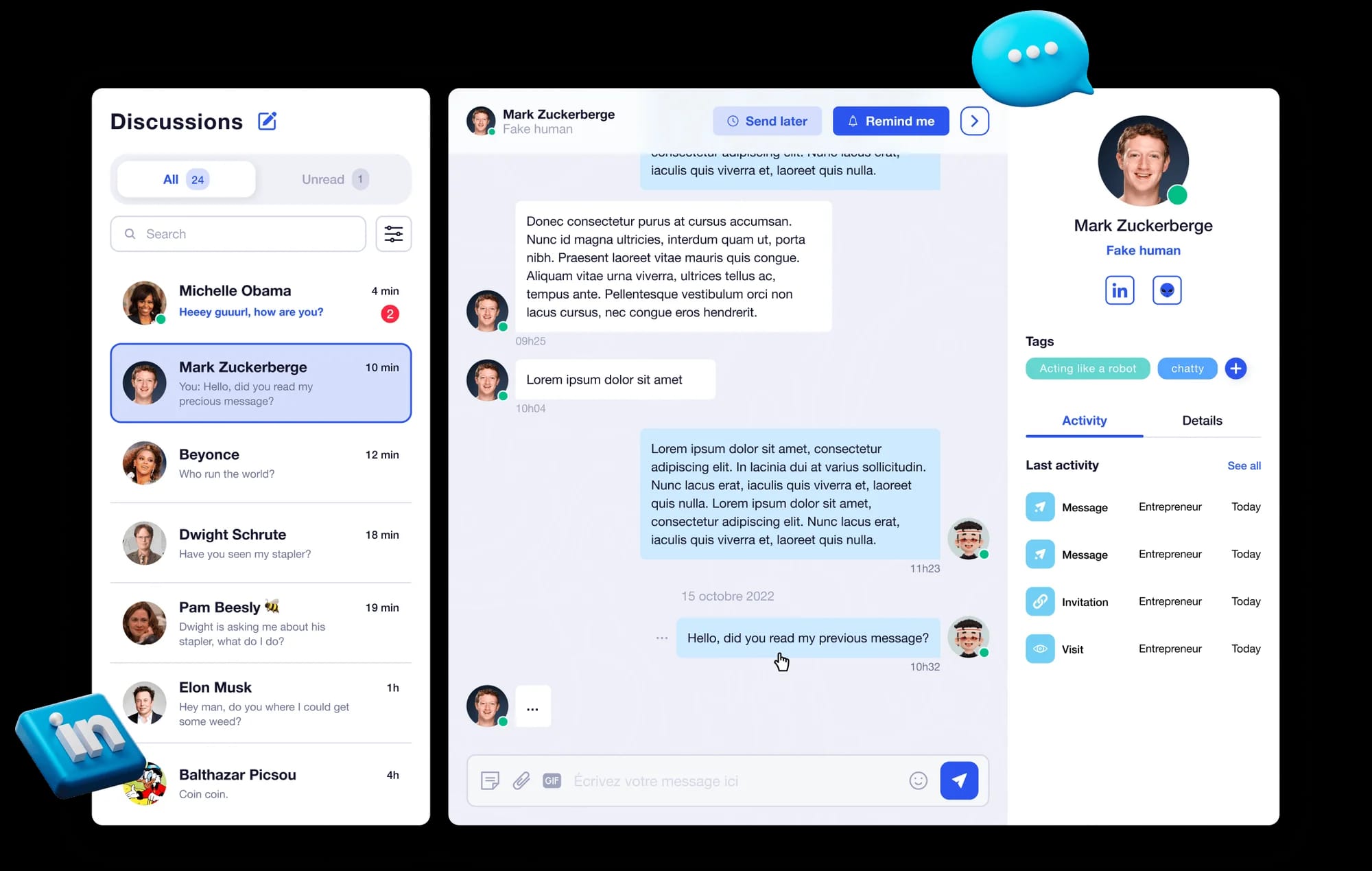 Interface messagerie prospection LinkedIn Waalaxy