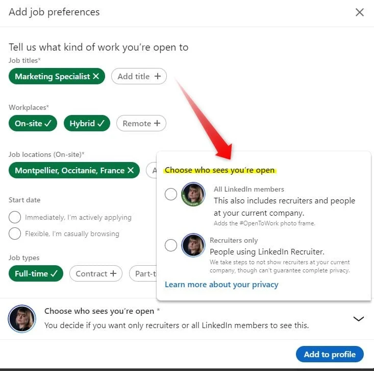 LinkedIn job preferences visibility settings