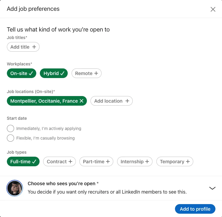 LinkedIn preferences job search filters