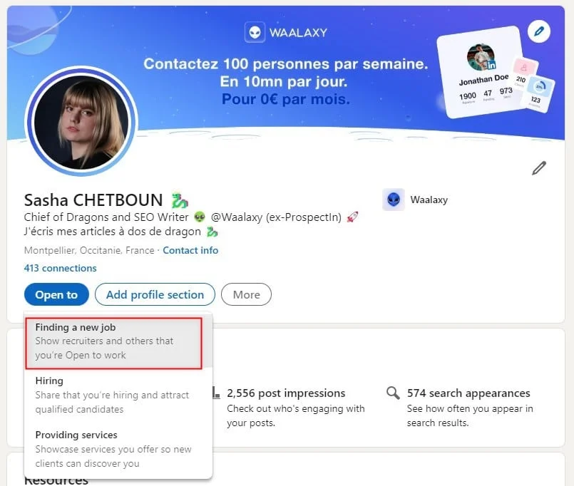 Profil LinkedIn Waalaxy prospection