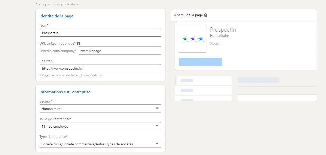 informations de votre page LinkedIn
