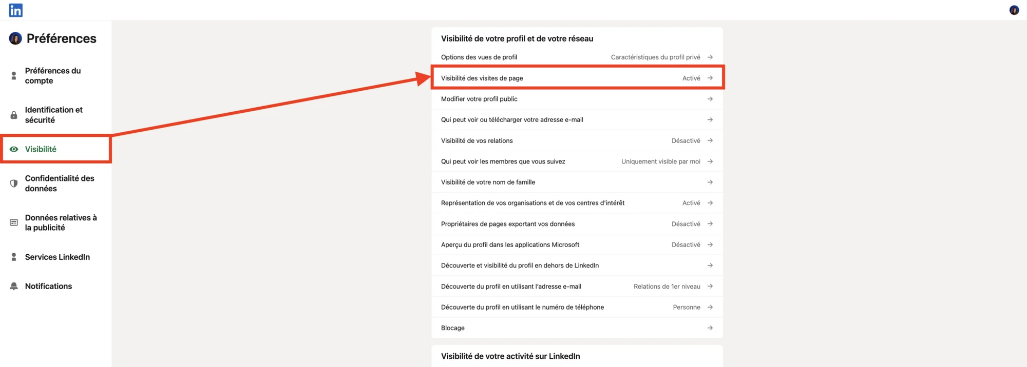 Page LinkedIn, paramètres de confidentialité, options d'abonnement à des groupes professionnels.