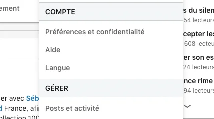 Menu paramètres Waalaxy compte préférences