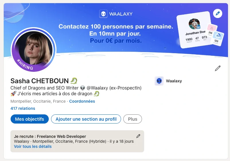 Profil LinkedIn de Sasha Chetboun, Chief of Dragons et SEO Writer à Waalaxy, avec une offre d'emploi pour Freelance Web Developer. Contexte : recrutement, Occitanie, France.