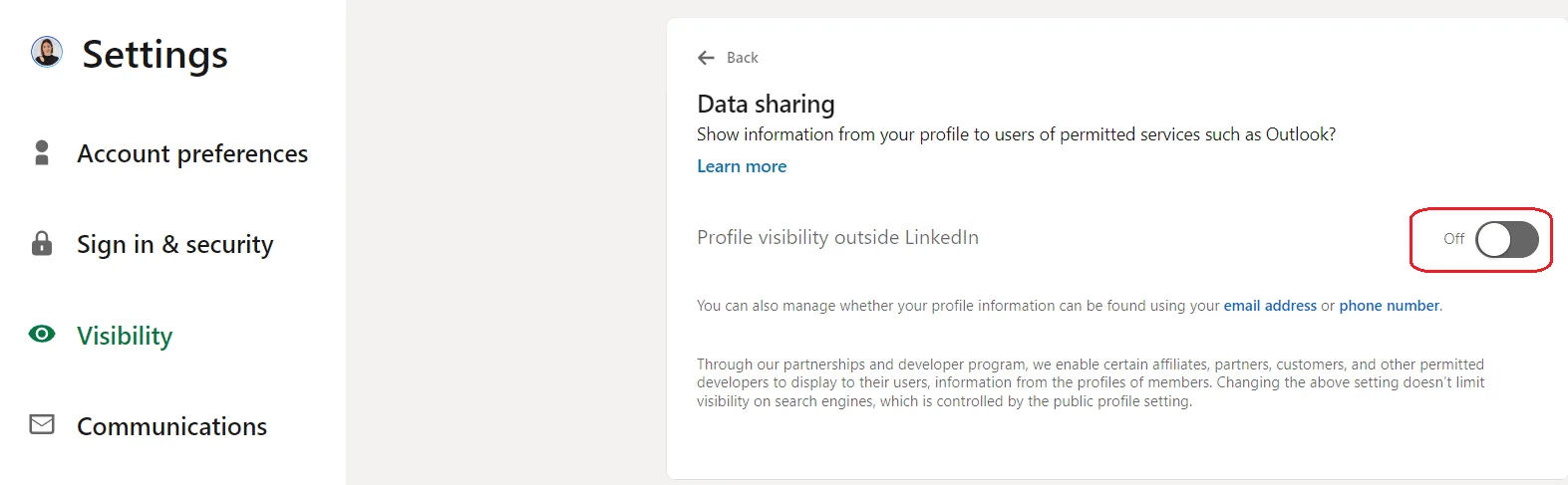 turn off the “Profile visibility outside LinkedIn”