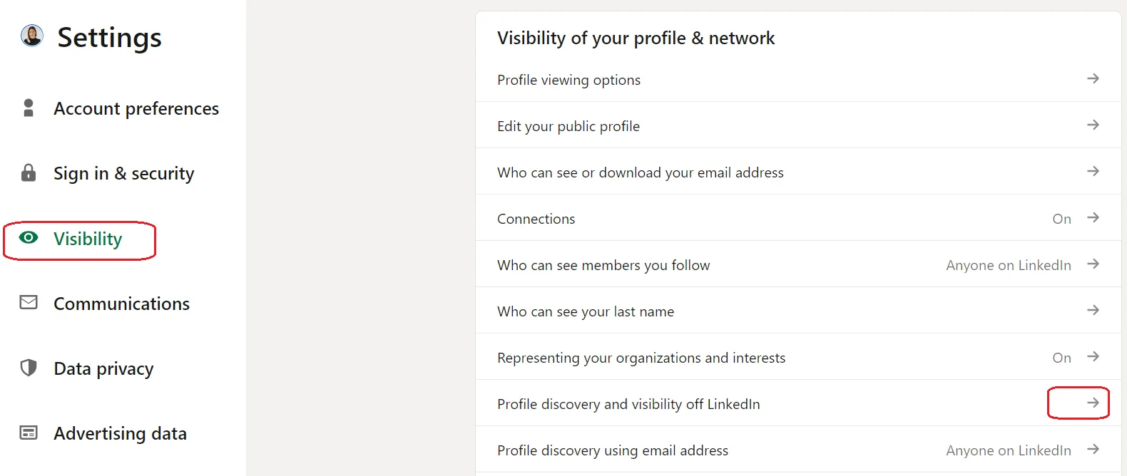 “Profile discovery and visibility off LinkedIn” section