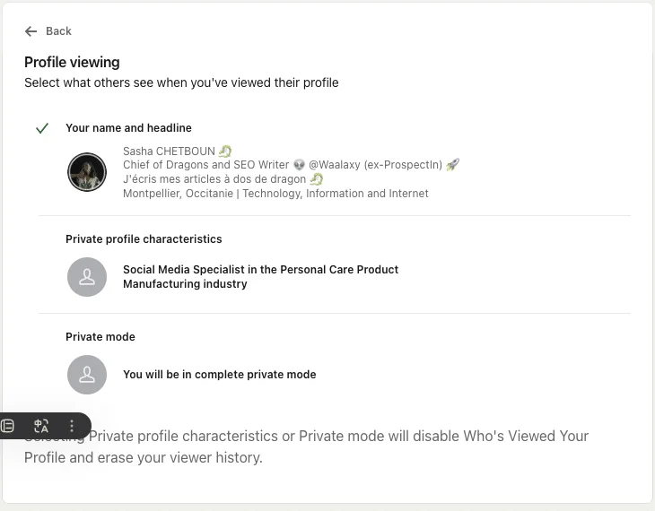 Paramètres confidentialité profil LinkedIn