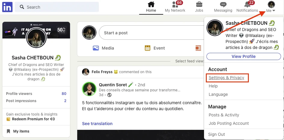 Interface LinkedIn profil Waalaxy