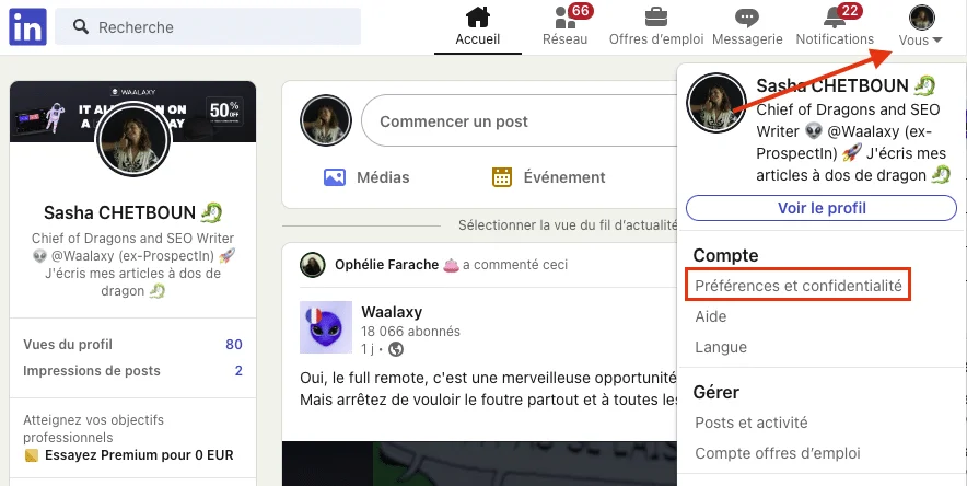 Page LinkedIn, profil d'utilisateur, menu "Compte" ouvert, options "Préférences et confidentialité", bouton "Voir le profil".