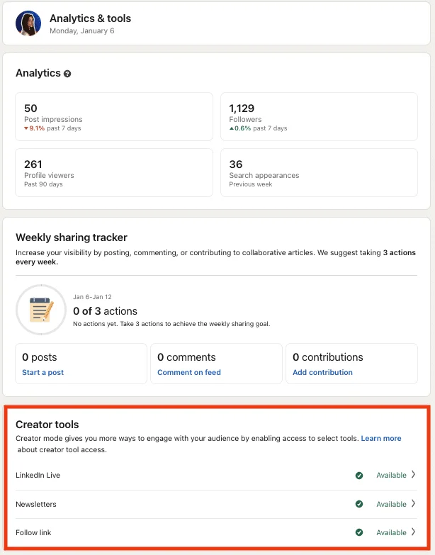 Access to LinkedIn content creation tools.