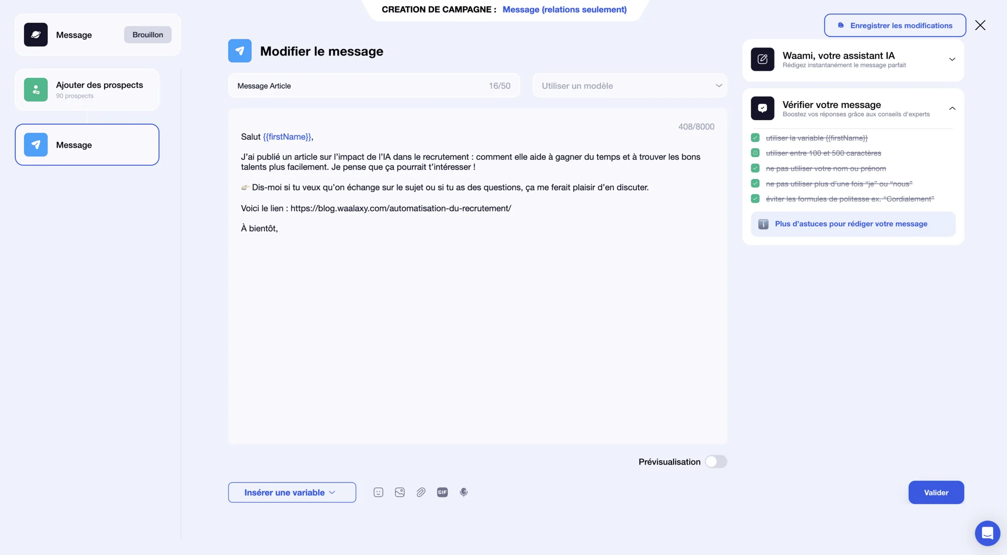 Interface d'envoi de message avec champ de texte, validation et bouton bleu.