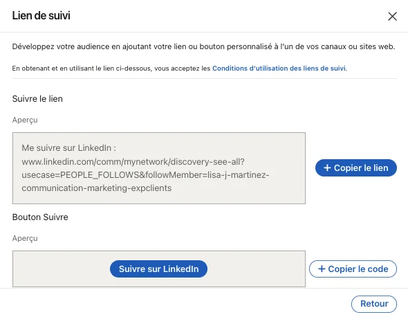 Mode créateur LinkedIn : Lien de suivi.