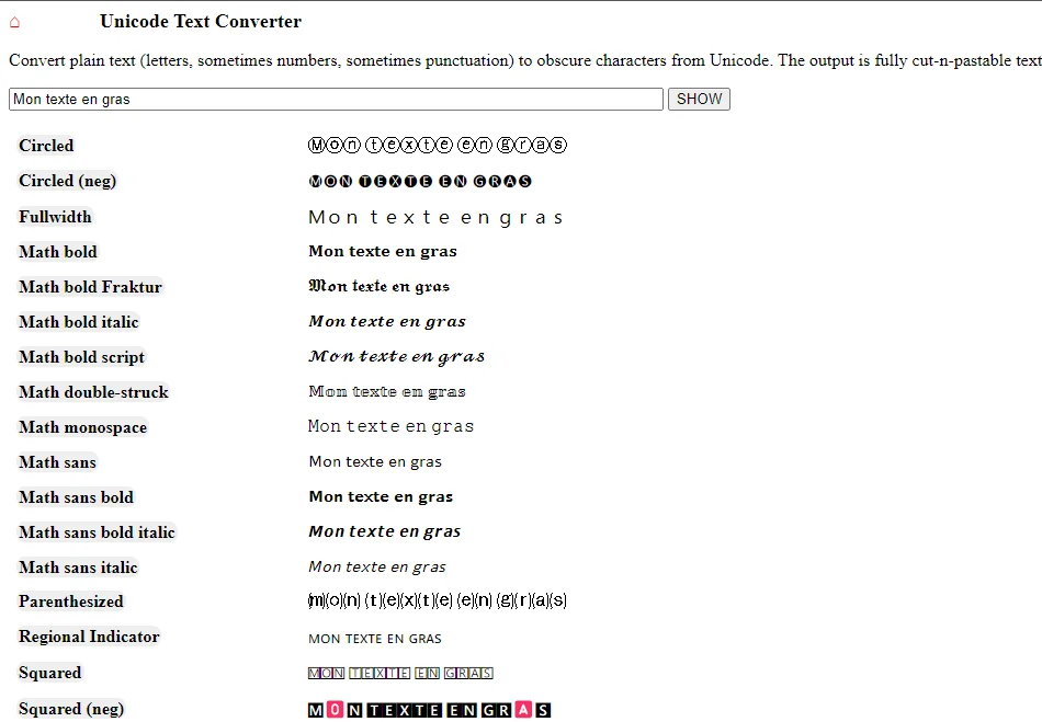 Démo convertisseur texte Unicode
