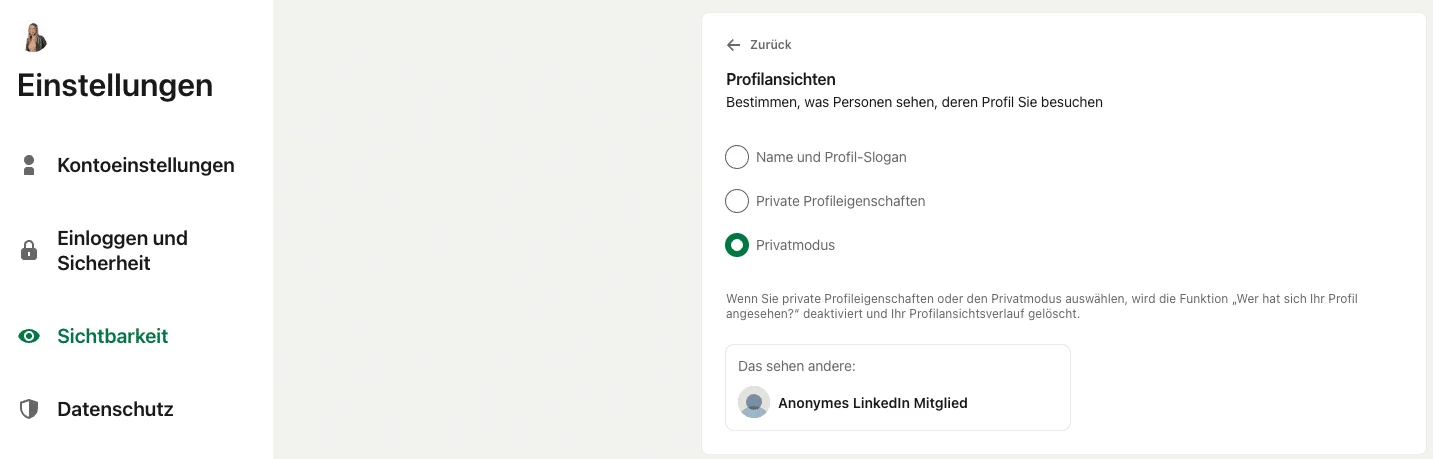 Oberfläche der Profilansichtsoptionen in LinkedIn
