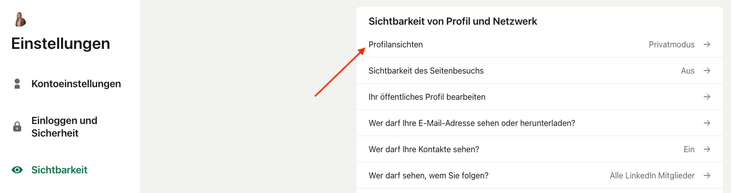 Auswahl der Profilansichtsoptionen in den LinkedIn-Einstellungen