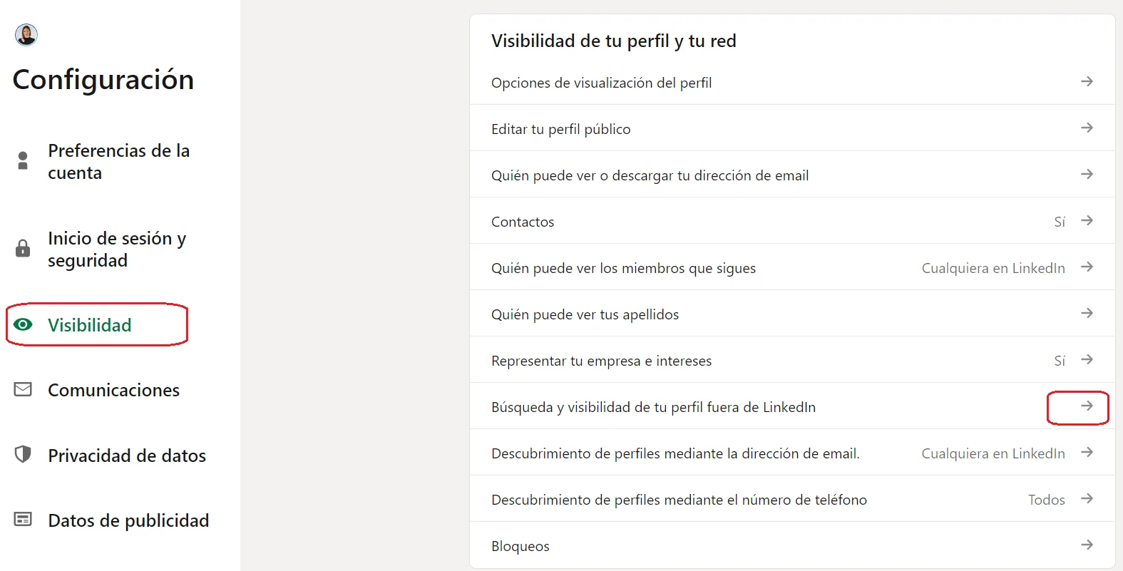 Configuración visibilidad perfil LinkedIn