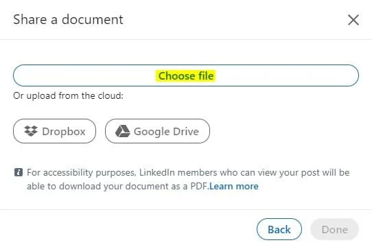 Dialogue partage document LinkedIn