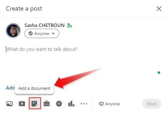 Interface création post LinkedIn document