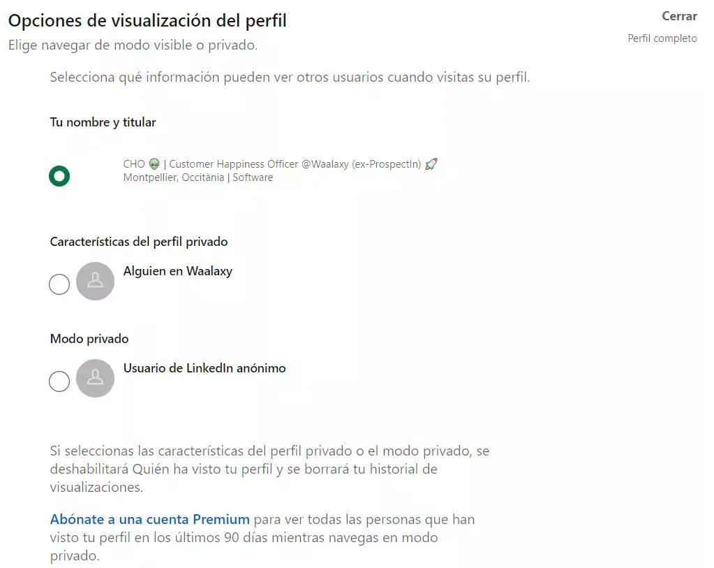Opciones visualización perfil LinkedIn privado