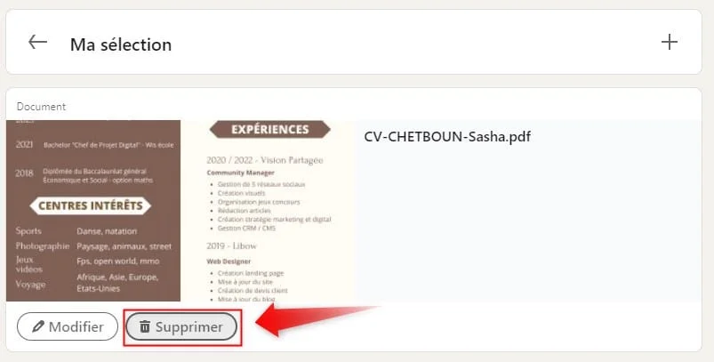 Image : Interface CV en ligne, bouton "Supprimer" sélectionné.