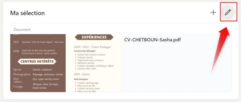Interface utilisateur avec document CV, bouton d'ajout et icône de crayon pour édition.