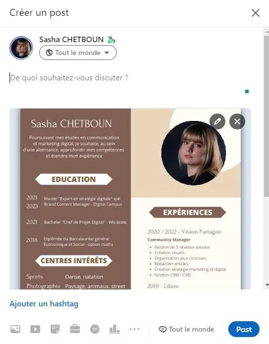 Profil LinkedIn de Sasha Chetboun, éducation, expériences, centres d'intérêts, bouton "Post".