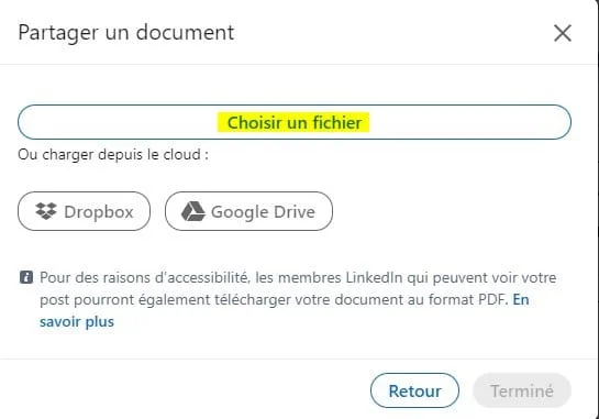 Interface de partage de document avec champ "Choisir un fichier", boutons Dropbox et Google Drive, et liens pour retour et terminer.
