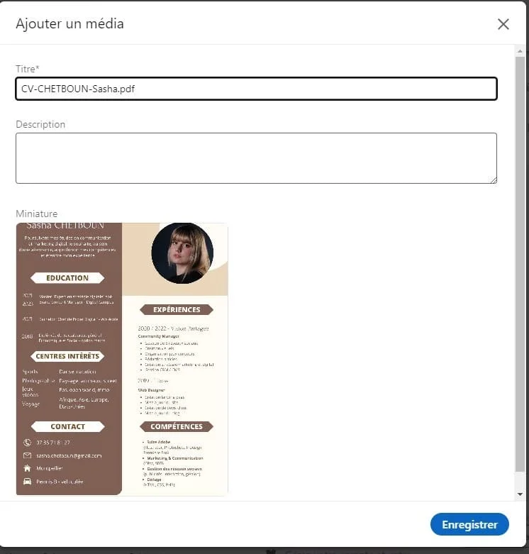 Page d'ajout de média avec un CV PDF intitulé "CV-CHETBOUN-Sasha.pdf". Interface utilisateur pour upload et enregistrement.