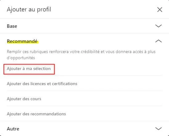 Page web d'ajout au profil, section "Ajouter à ma sélection" en surbrillance.