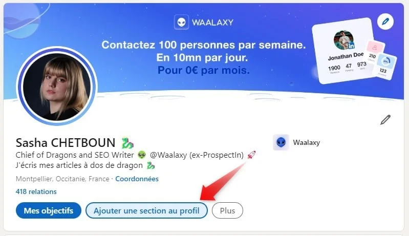 Page d'utilisateur LinkedIn avec profil Sasha Chetboun, poste et coordonnées.