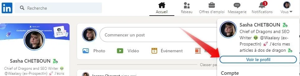 Page LinkedIn : profil d'utilisateur avec bouton "Voir le profil" en bas à droite.