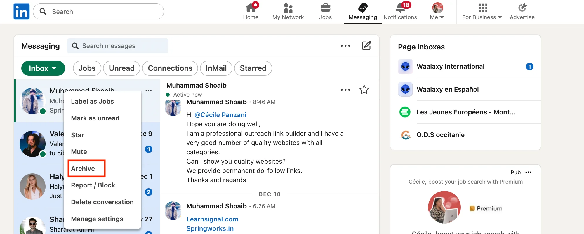 archive LinkedIn conversations