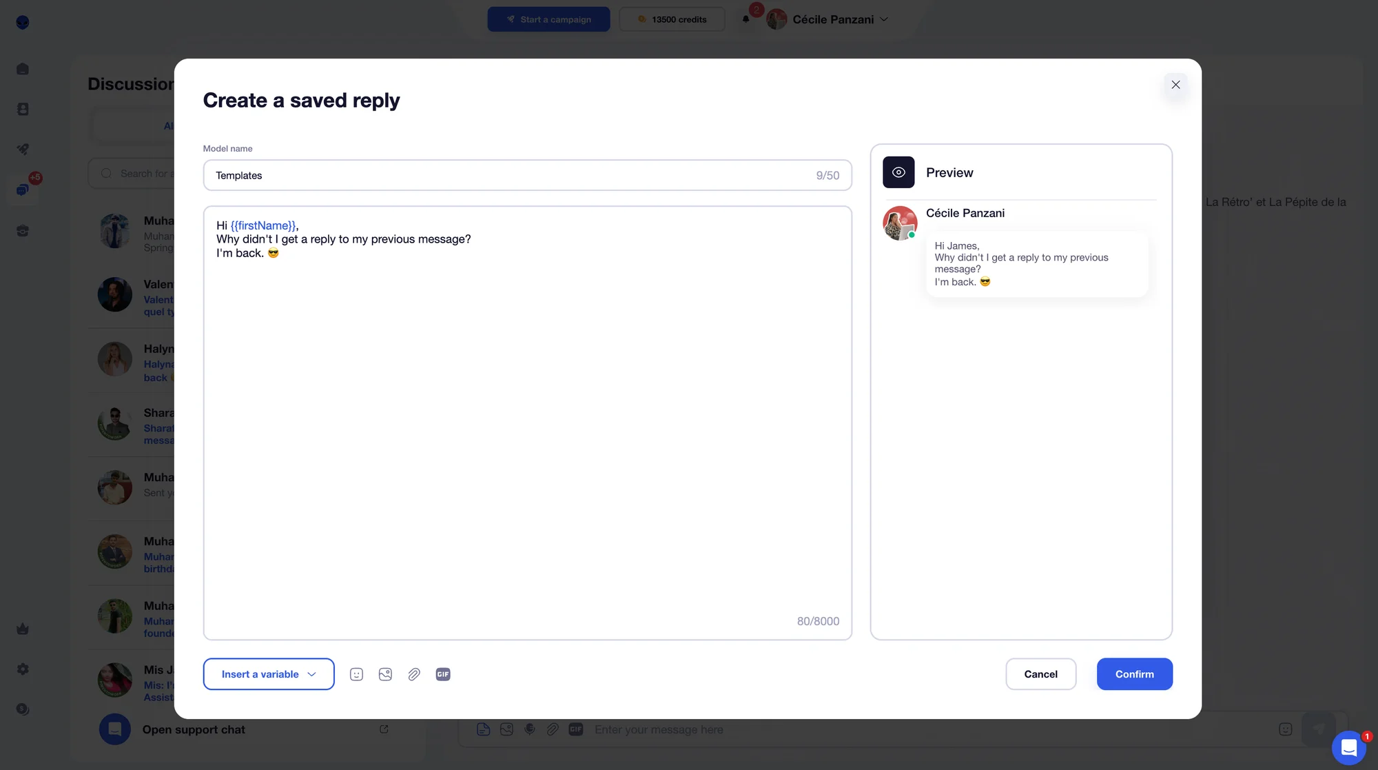 create a saved reply with waalaxy linkedin inbox