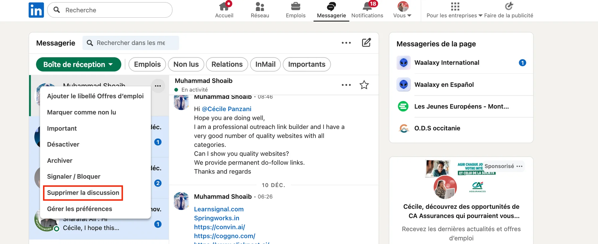 supprimer un message LinkedIn