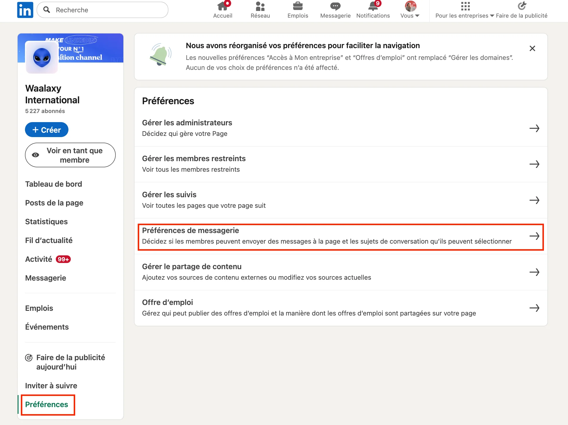 messagerie LinkedIn d'une page d’entreprise