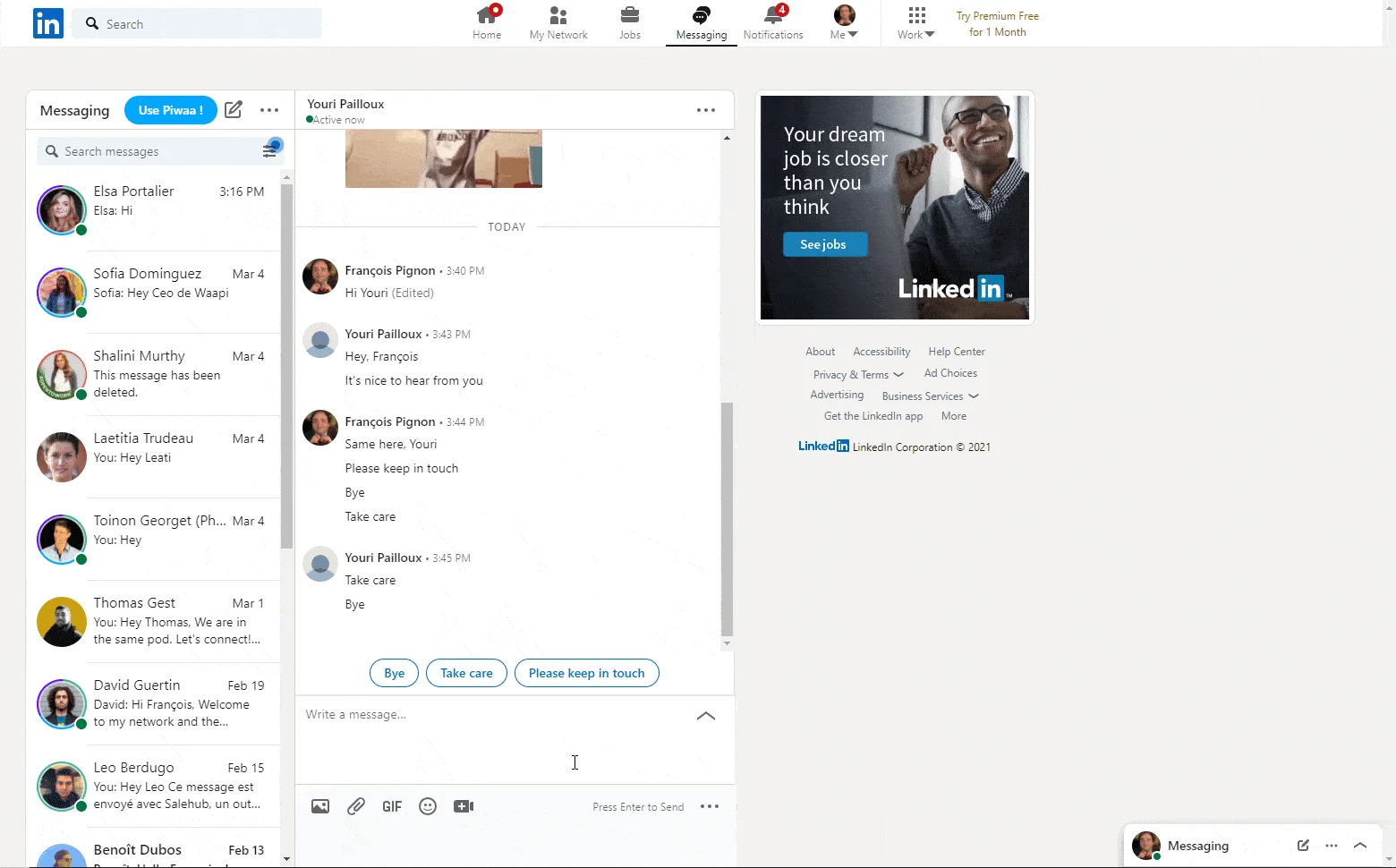 Interface de messagerie LinkedIn conversation