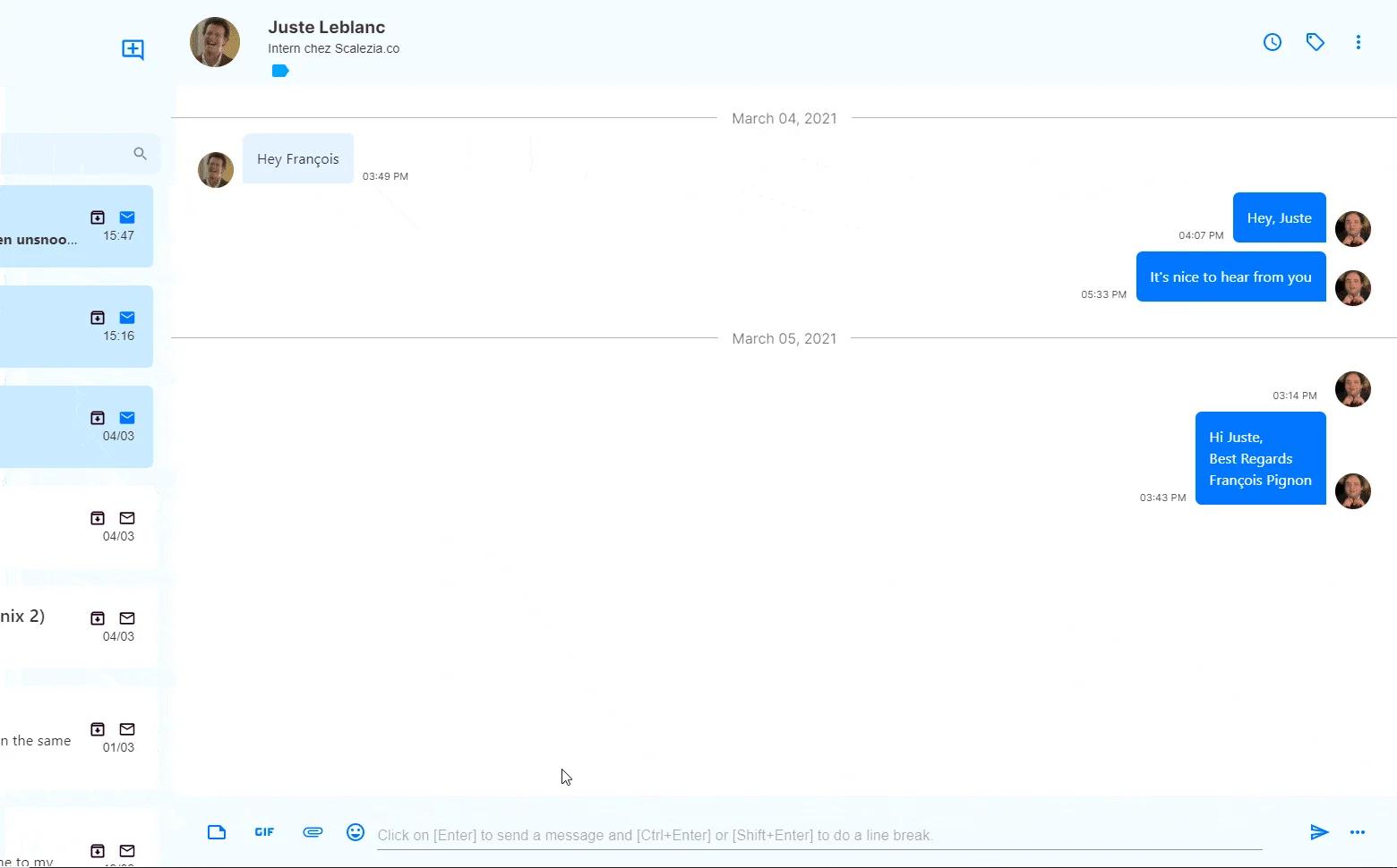 Conversation messagerie Juste Leblanc François